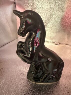 Vintage iridescent Black Gloss Ceramic Unicorn Figurine - Home Art Accent